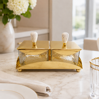 Luxury Two-Bowl Serving Set with Marble Knob Covers & Spoons