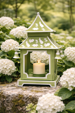 Grass Green & White Bunny Pagoda Lantern | Chinoiserie Accent