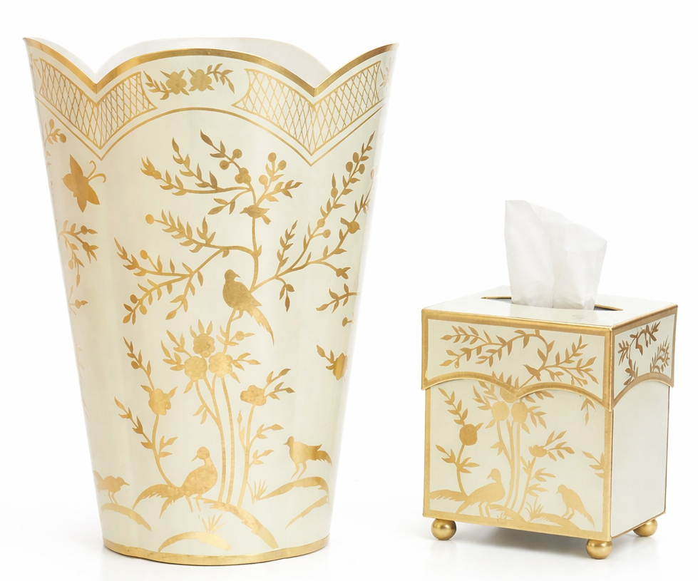 Pale Green & Gold Chinoiserie Wastepaper Basket & Tissue | Elegant Bath Décor