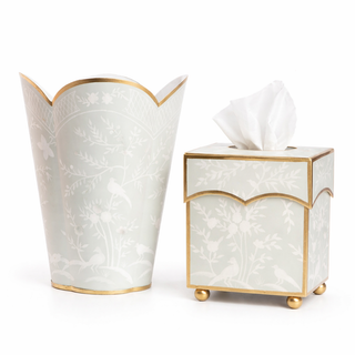Mint Green & White Chinoiserie Wastepaper Basket & Tissue | Elegant Bath Décor