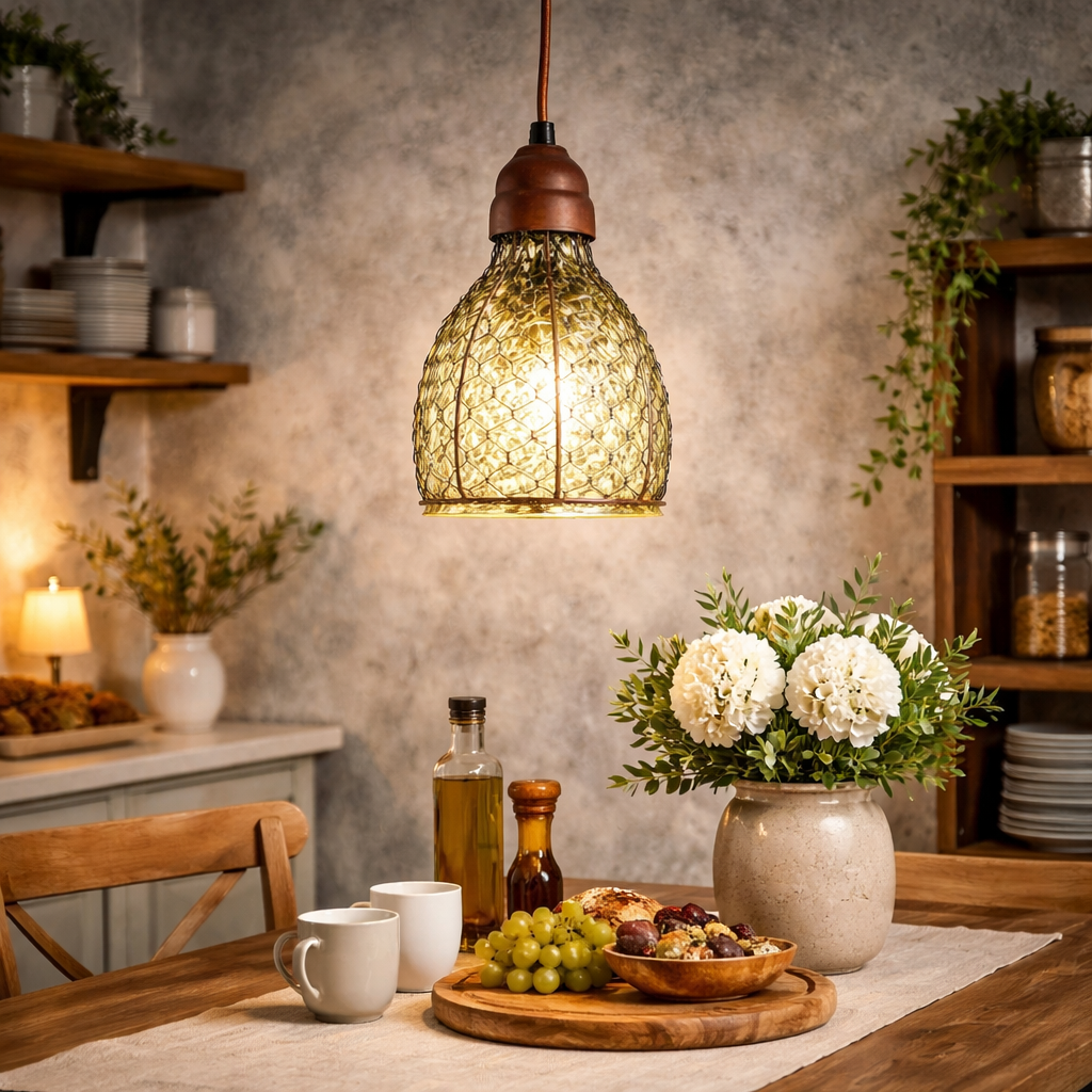 Rusted Chicken-Wire Plug-In Pendant Light with Glass