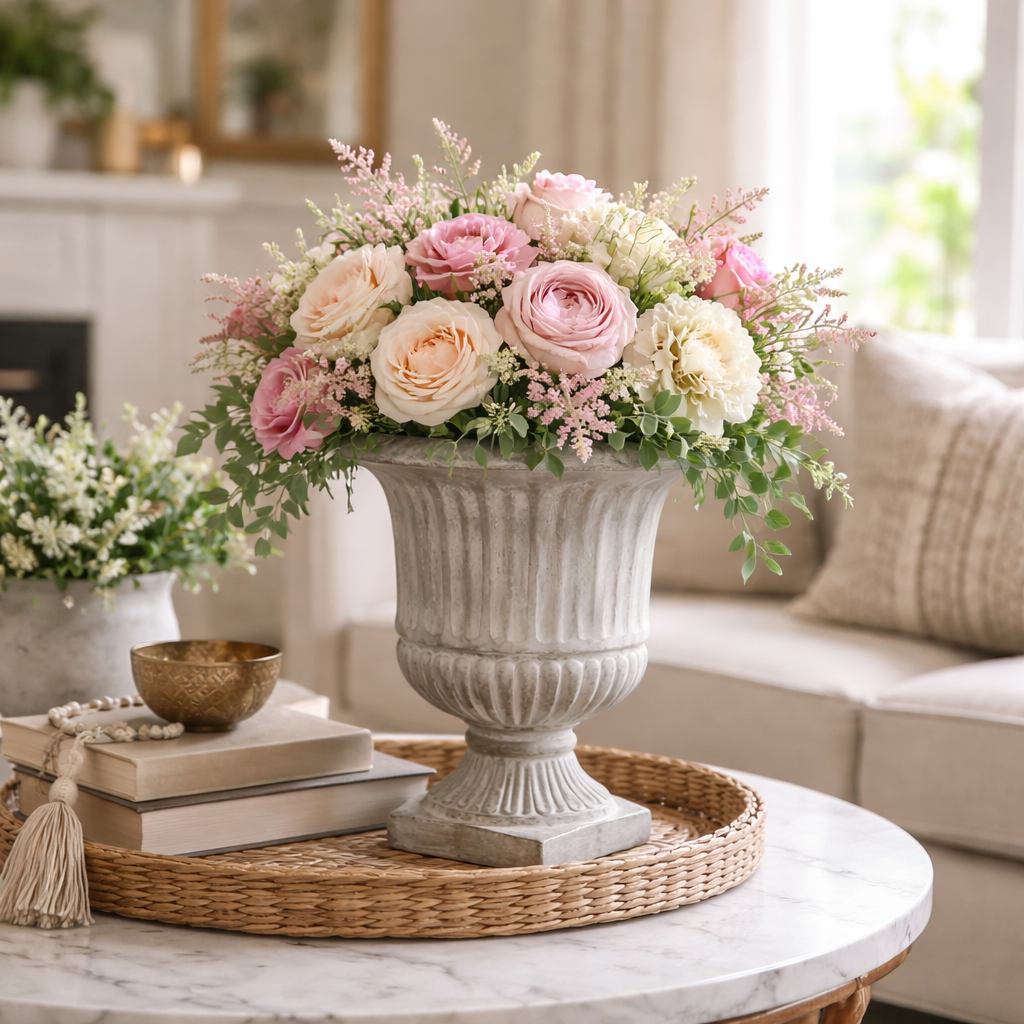 Vintage Cast Cement Urn Planter with Pedestal Base
