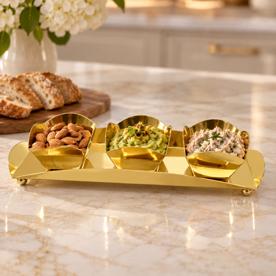 Gold Accent Rectangular Serving Tray with Three Square Bowls