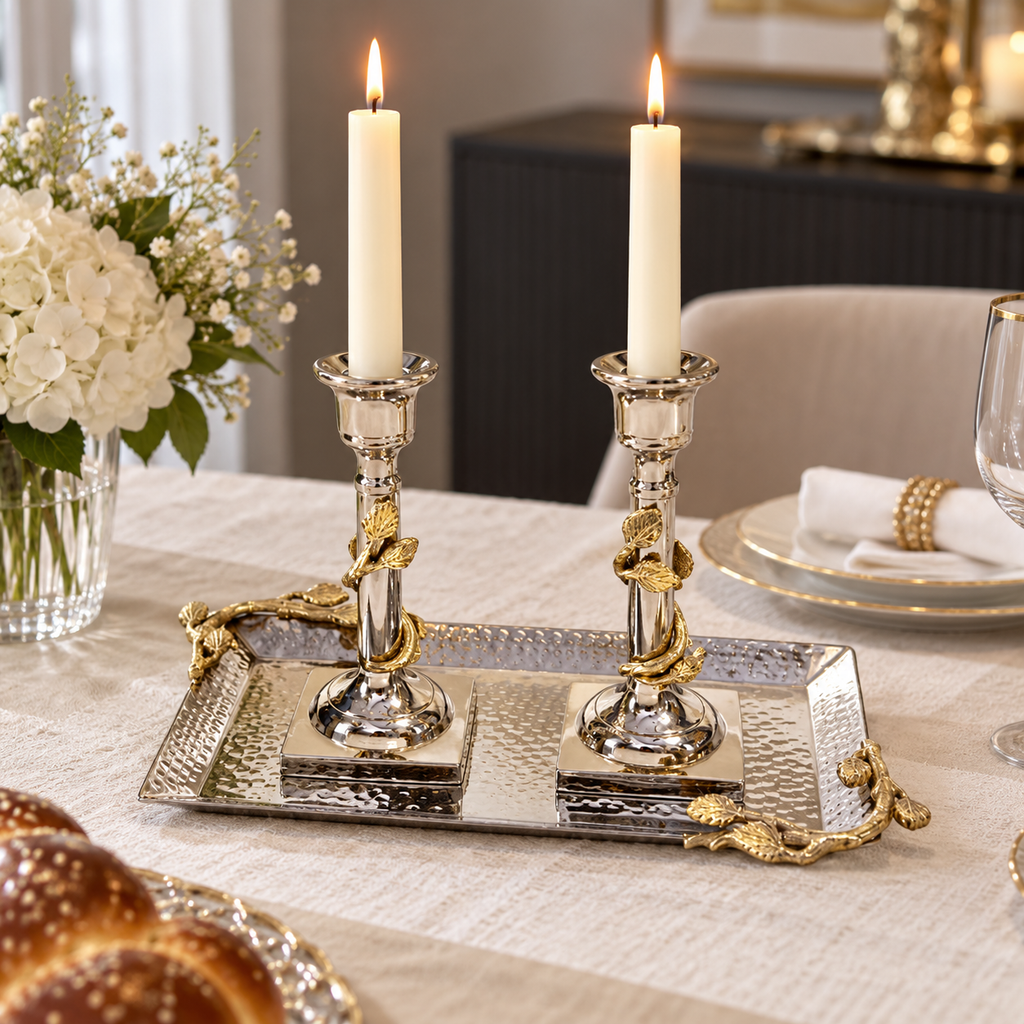 2 Silver Candlesticks with Gold Leaf Design on Tray