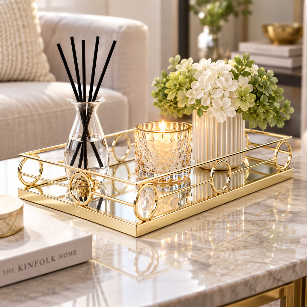 Oblong Mirror Tray with Gold Design 14