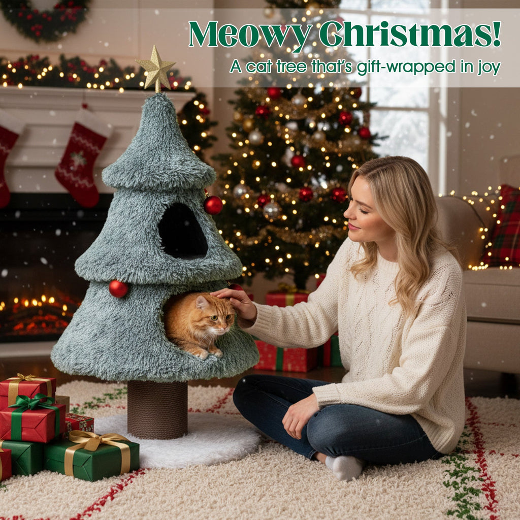 48.5-Inch Christmas Cat Tree with 2 Large Condos and Scratching Post – Green