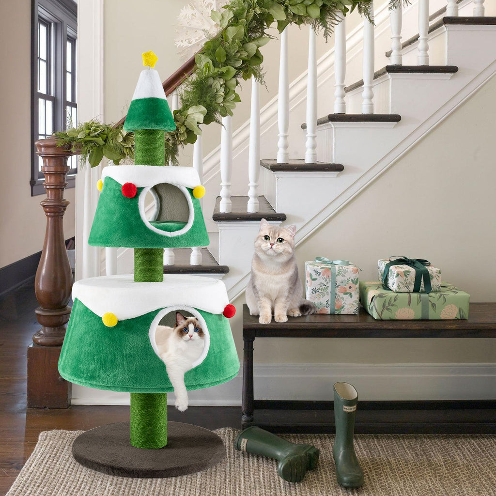 Christmas Tree-Shaped Cat Tower with 2 Condos and Scratching Posts – Green