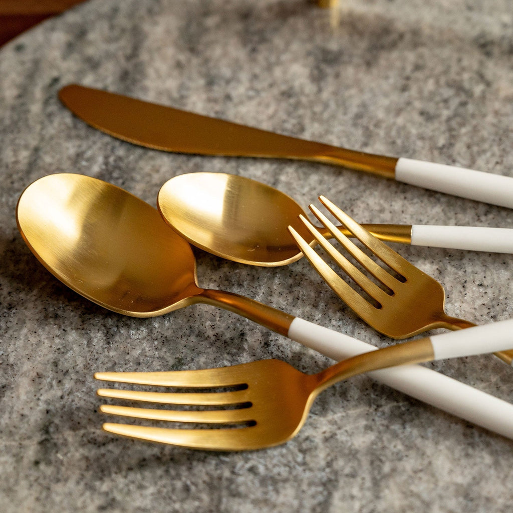 Cambridge Mazzy Gold Satin White Pom Handle 20-Piece Flatware Set, 18/0 stainless steel (view 4)