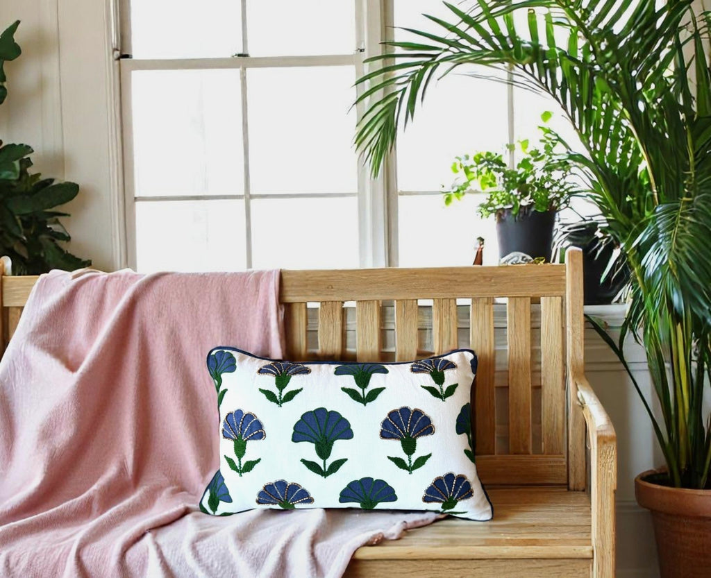 Embroidered Floral Blue Boho Accent Throw Pillow – Modern Home Decor
