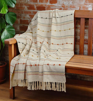 Hand Woven Cream Throw Blanket with Tassels – Boho Cotton Decor