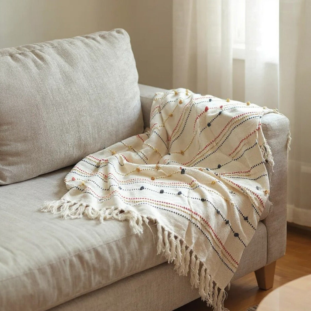 Hand Woven Cream Throw Blanket with Tassels – Boho Cotton Decor