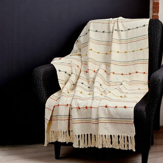Hand Woven Cream Throw Blanket with Tassels – Boho Cotton Decor