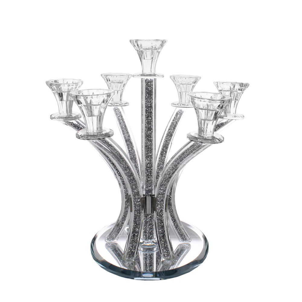 Crystal Candelabra Round Design with 7 Arms and Inner Gemstones