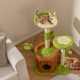 Jungle-Themed Cat Tree Activity Center with Condo and Flower Perches – Green
