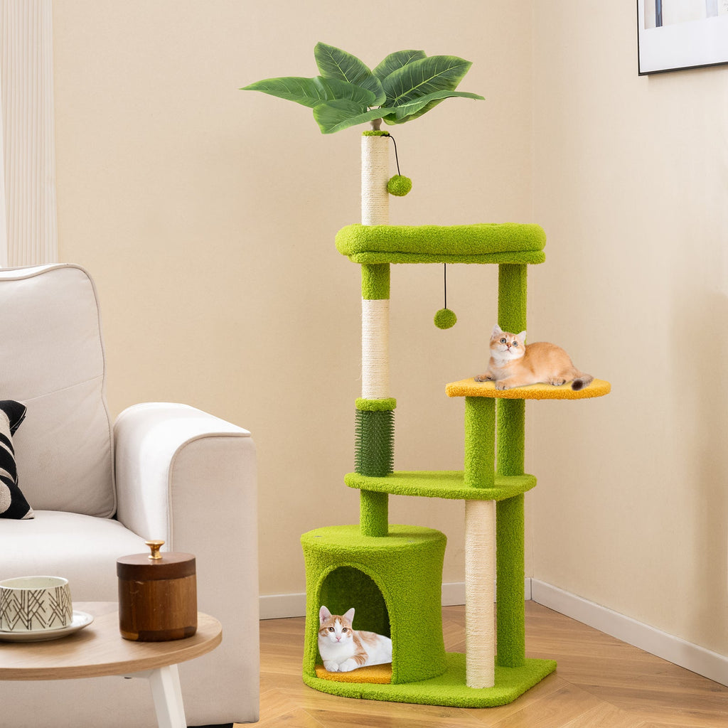 Tropical Multi-Level Cat Tree for Adult Cats with Condo and Groomer – Green