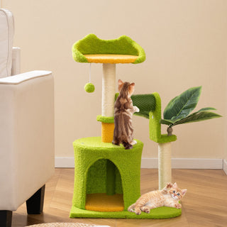 Cute Tropical Palm Cat Tree with Condo, Scratching Posts and Groomer – Green