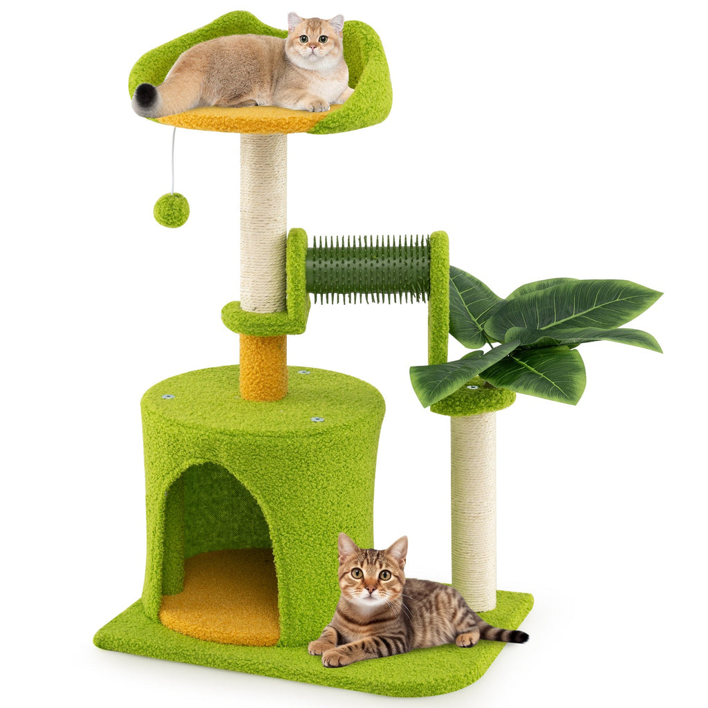 Cute Tropical Palm Cat Tree with Condo, Scratching Posts and Groomer – Green