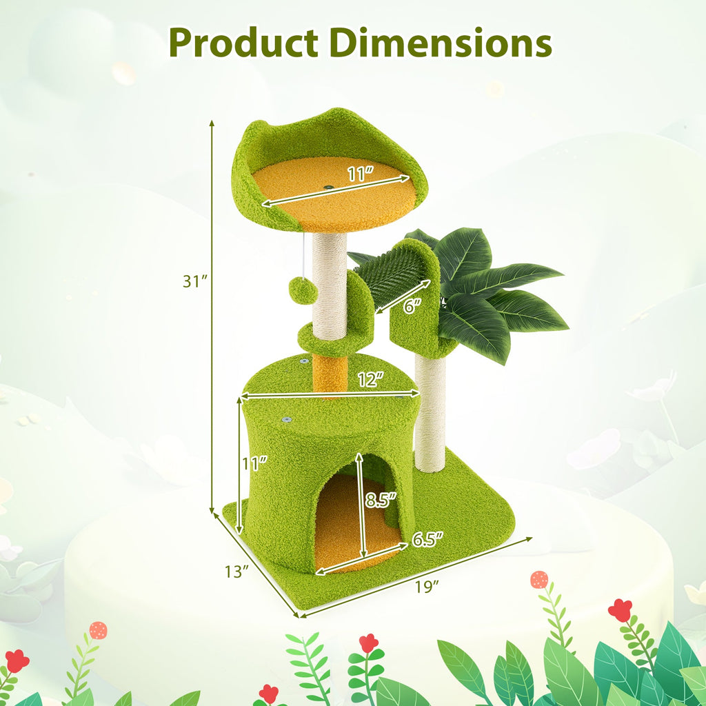 Cute Tropical Palm Cat Tree with Condo, Scratching Posts and Groomer – Green