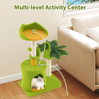 Cute Tropical Palm Cat Tree with Condo, Scratching Posts and Groomer – Green