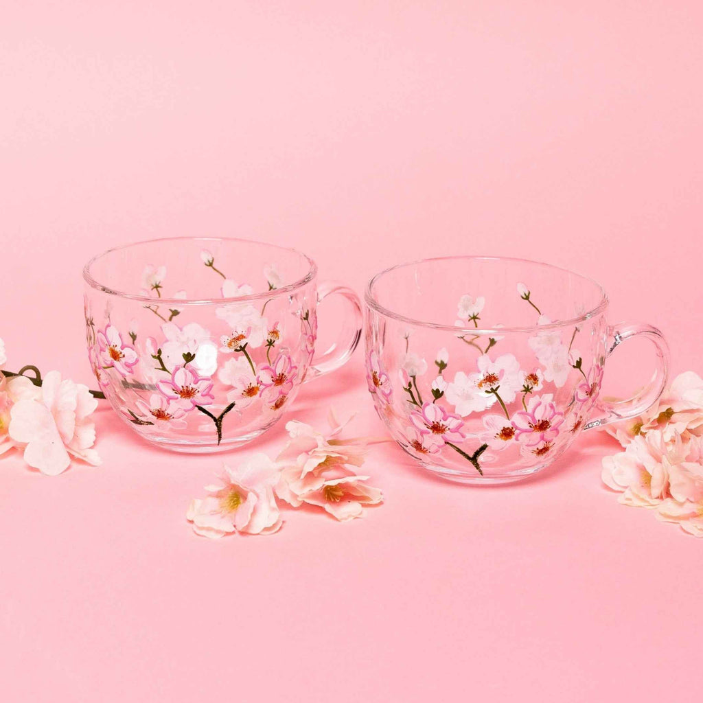 Hand-Painted Cherry Blossom Glass Mugs – Set of 2