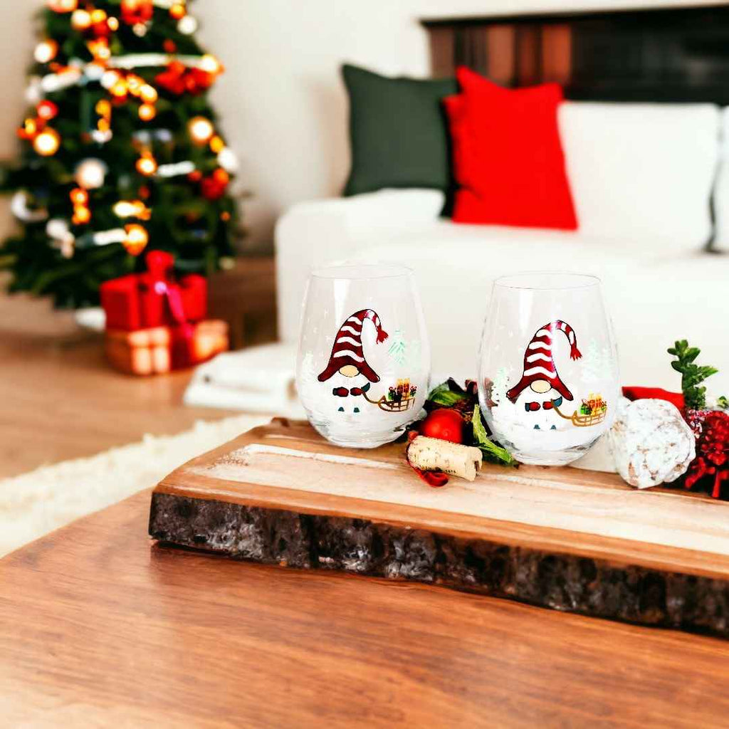 Hand-Painted Christmas Gnome Stemless Wine Glasses – Set of 2