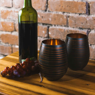 Black Swirl Stemless Wine Glasses with Copper Interior – Set of 2