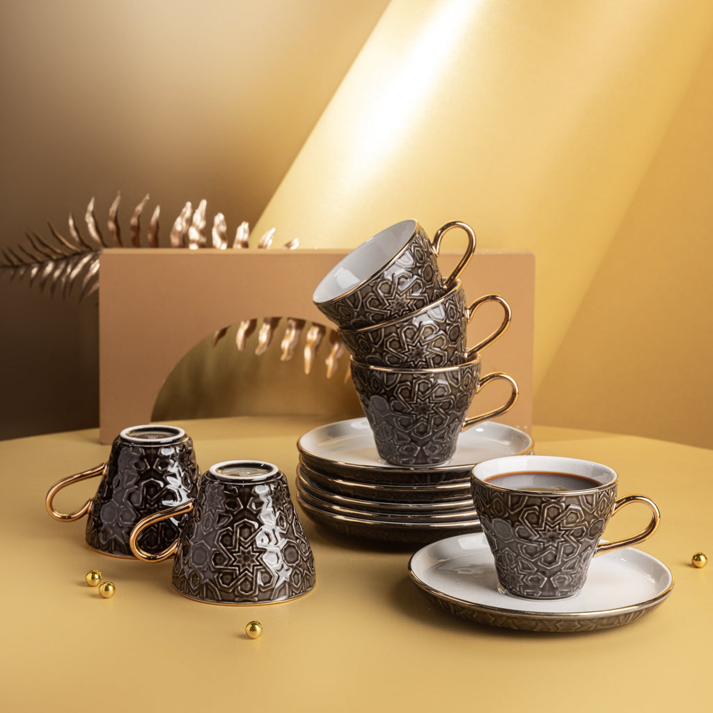 Crown Espresso Turkish Coffee Cups 12-Pc – Black & Gold, Luxury Coffee Cup Set