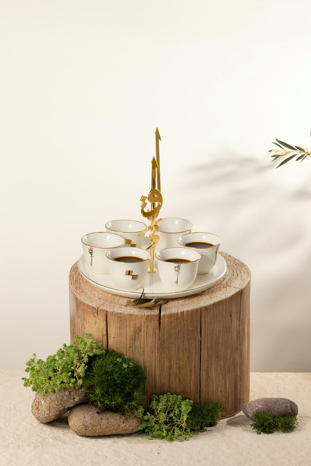 Liqaa Arabic Coffee Cups with Holder – Pearl White & Gold, Traditional Coffee Set for Home