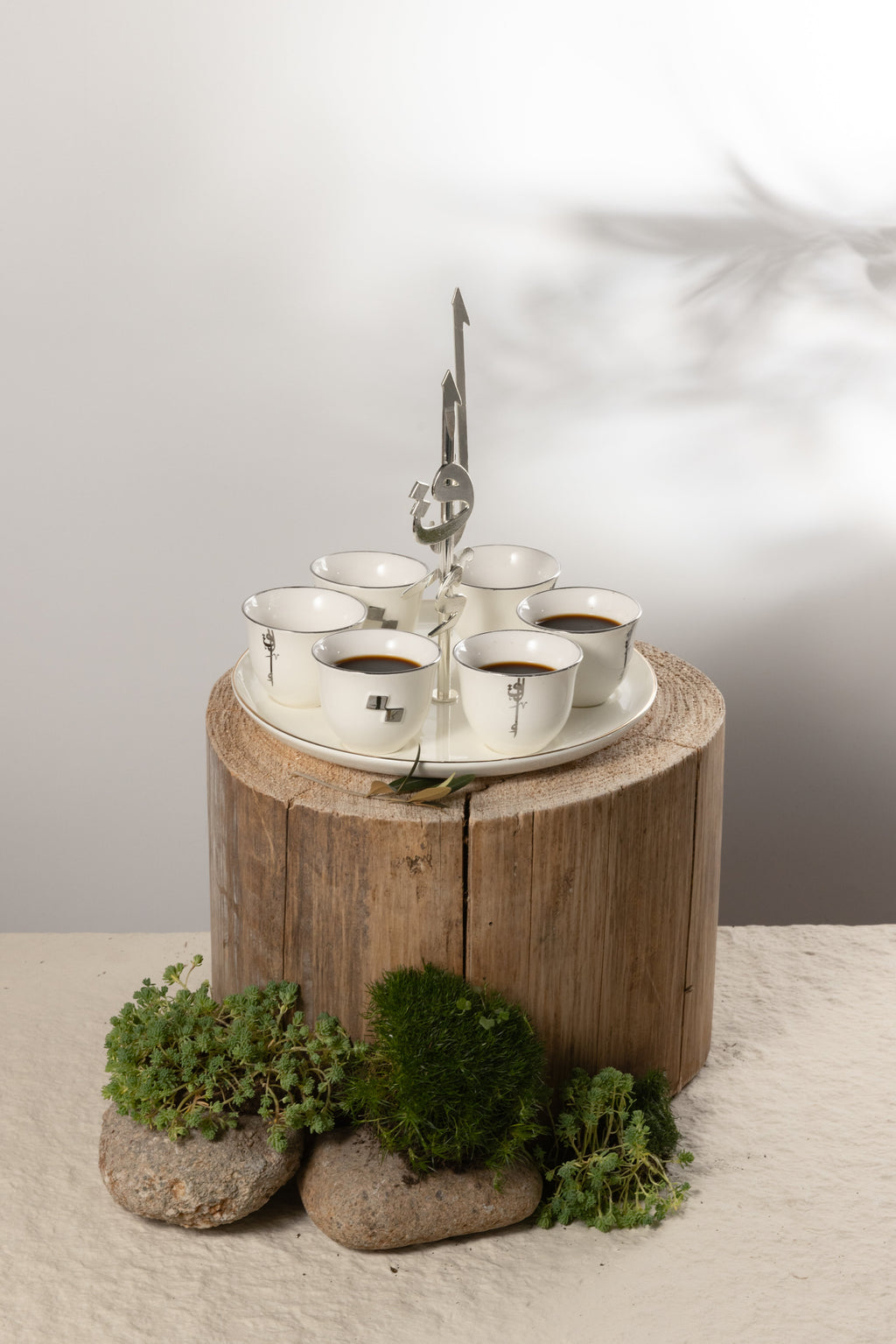 Liqaa Arabic Coffee Cups with Holder – Pearl White & Silver, Luxury Coffee Set