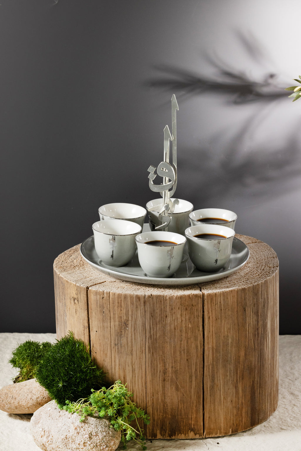 Liqa'a -Arabic Coffee Cups With Holder - Grey & Silver