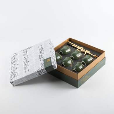 Liqaa Arabic Coffee Cups with Holder – Olive Green & Gold, Traditional Coffee Set