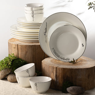 Liqa’a Dinner Set 18-Piece – Pearl White & Silver | Elegant Modern Tableware