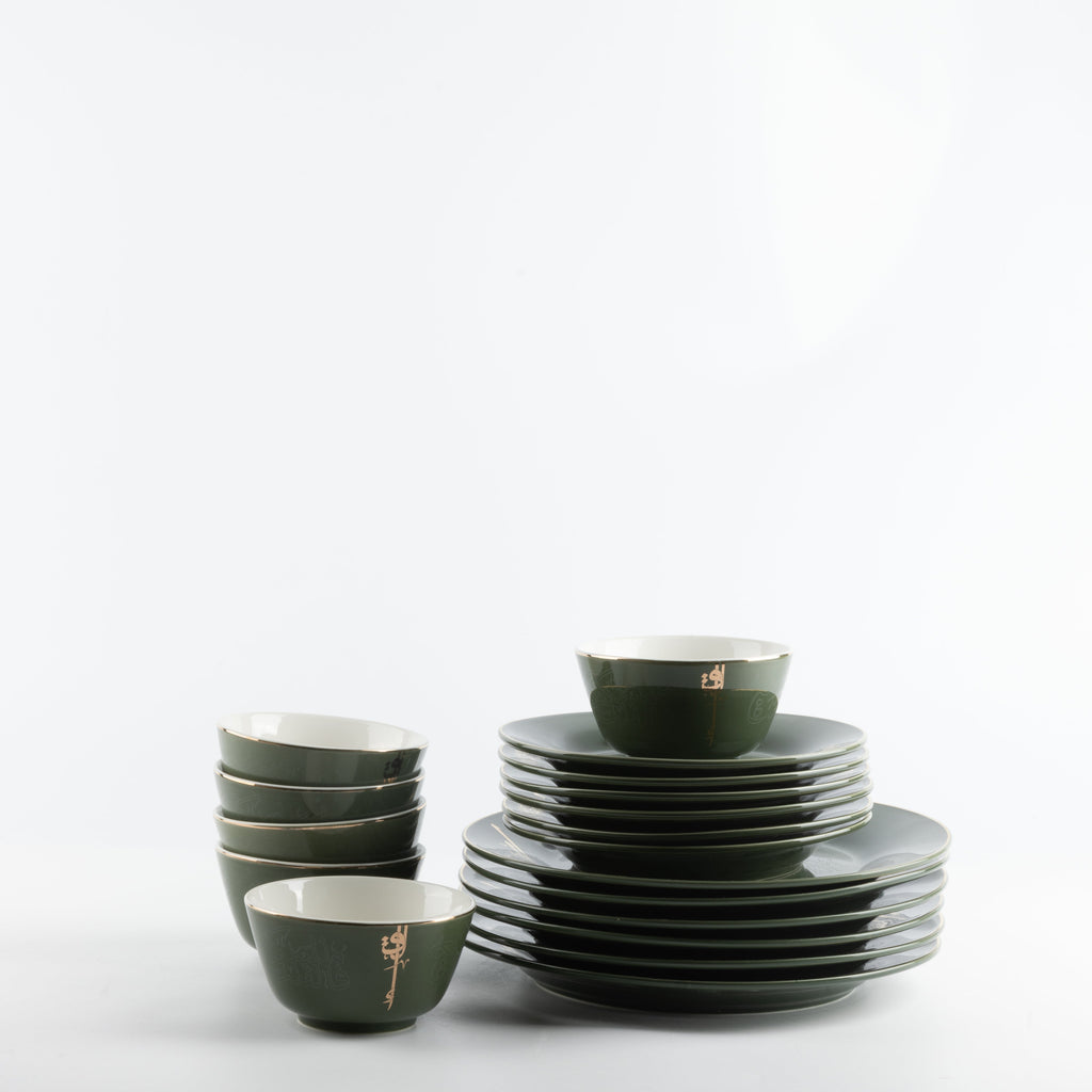 Liqa'a - Dinner Set (18-Pc) - Olive Green & Gold