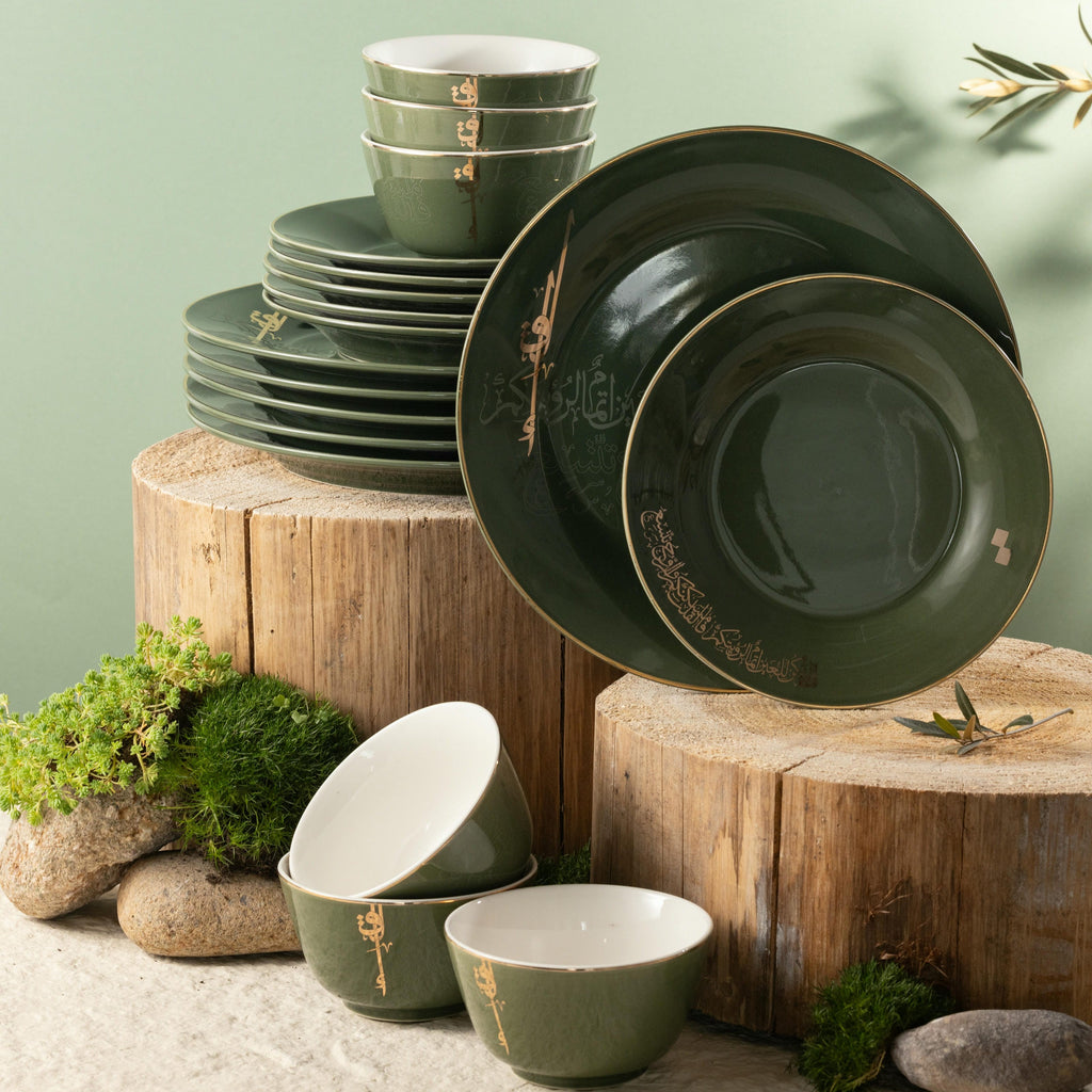 Liqa'a - Dinner Set (18-Pc) - Olive Green & Gold