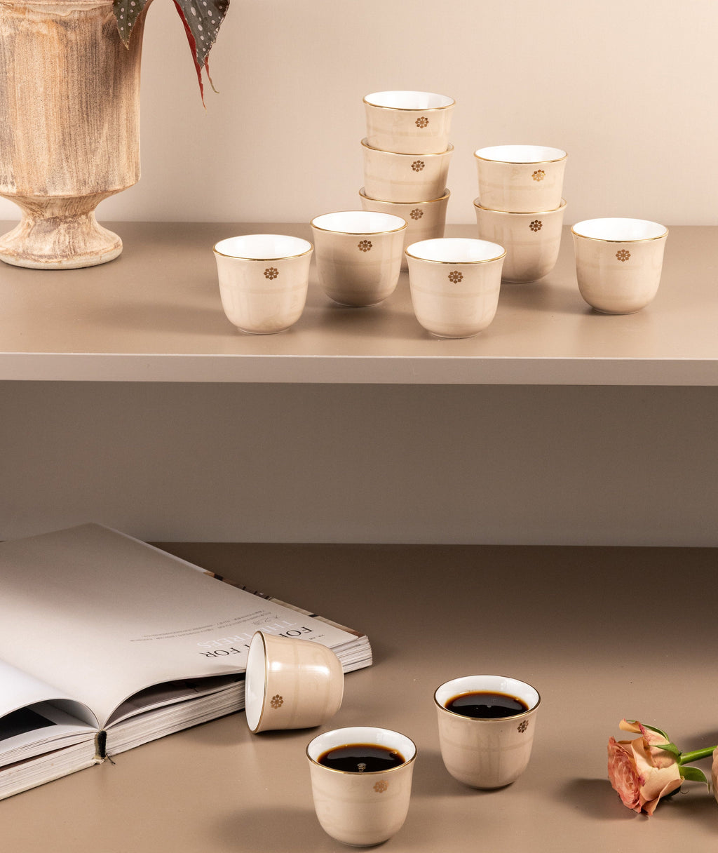 Mirral - Arabic Coffee Cups Set (12-Pc) - Beige & Gold