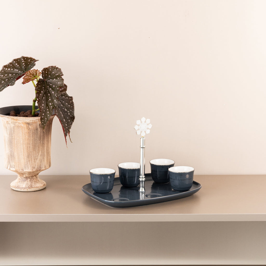 Mirral - Arabic Coffee Cups With Holder - Dark Blue & Silver