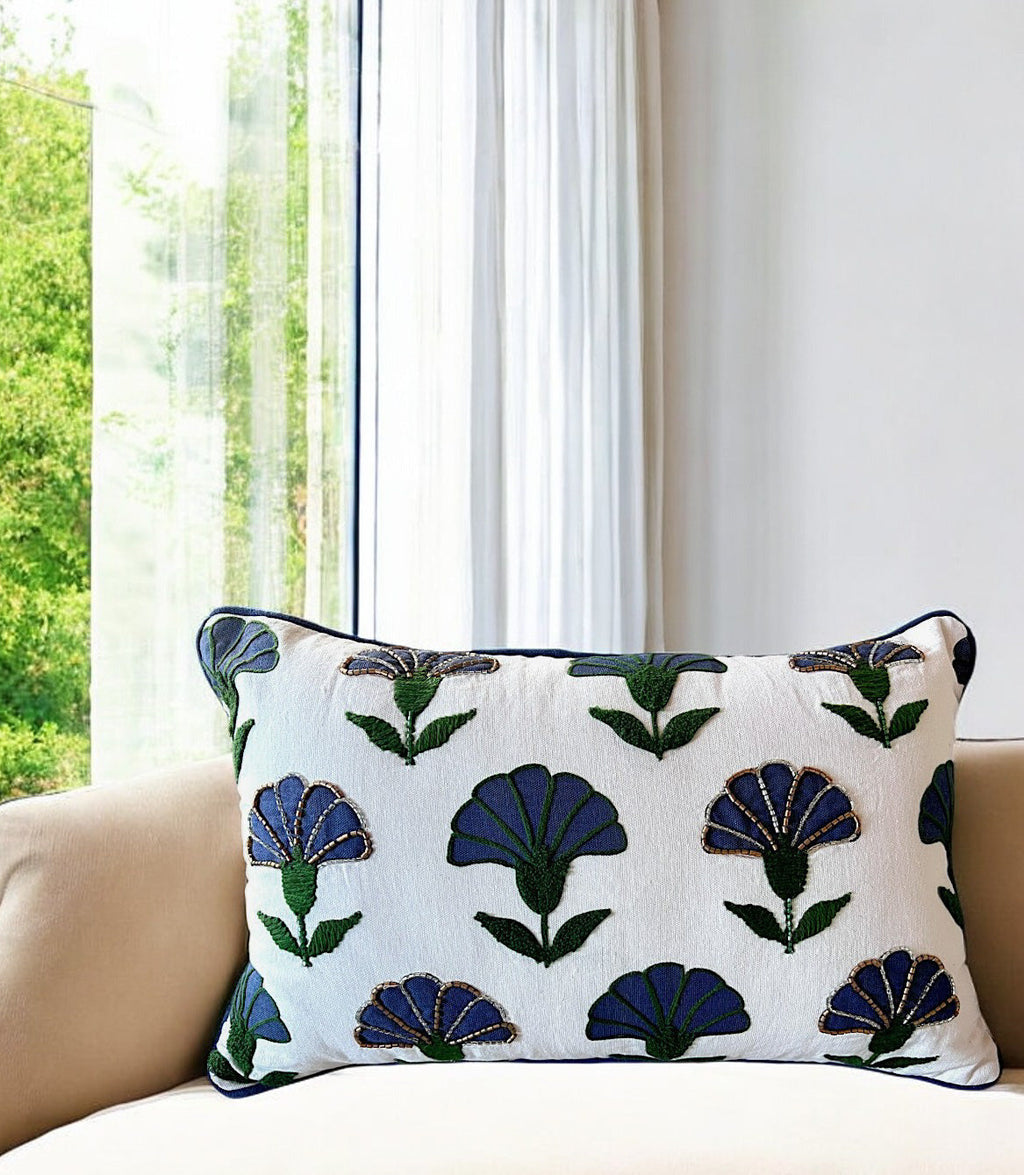 Embroidered Floral Blue Boho Accent Throw Pillow – Modern Home Decor