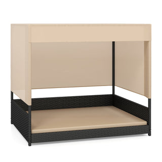 Elevated PE Rattan Dog House with Canopy and Washable Cushion – Black