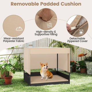 Elevated PE Rattan Dog House with Canopy and Washable Cushion – Black