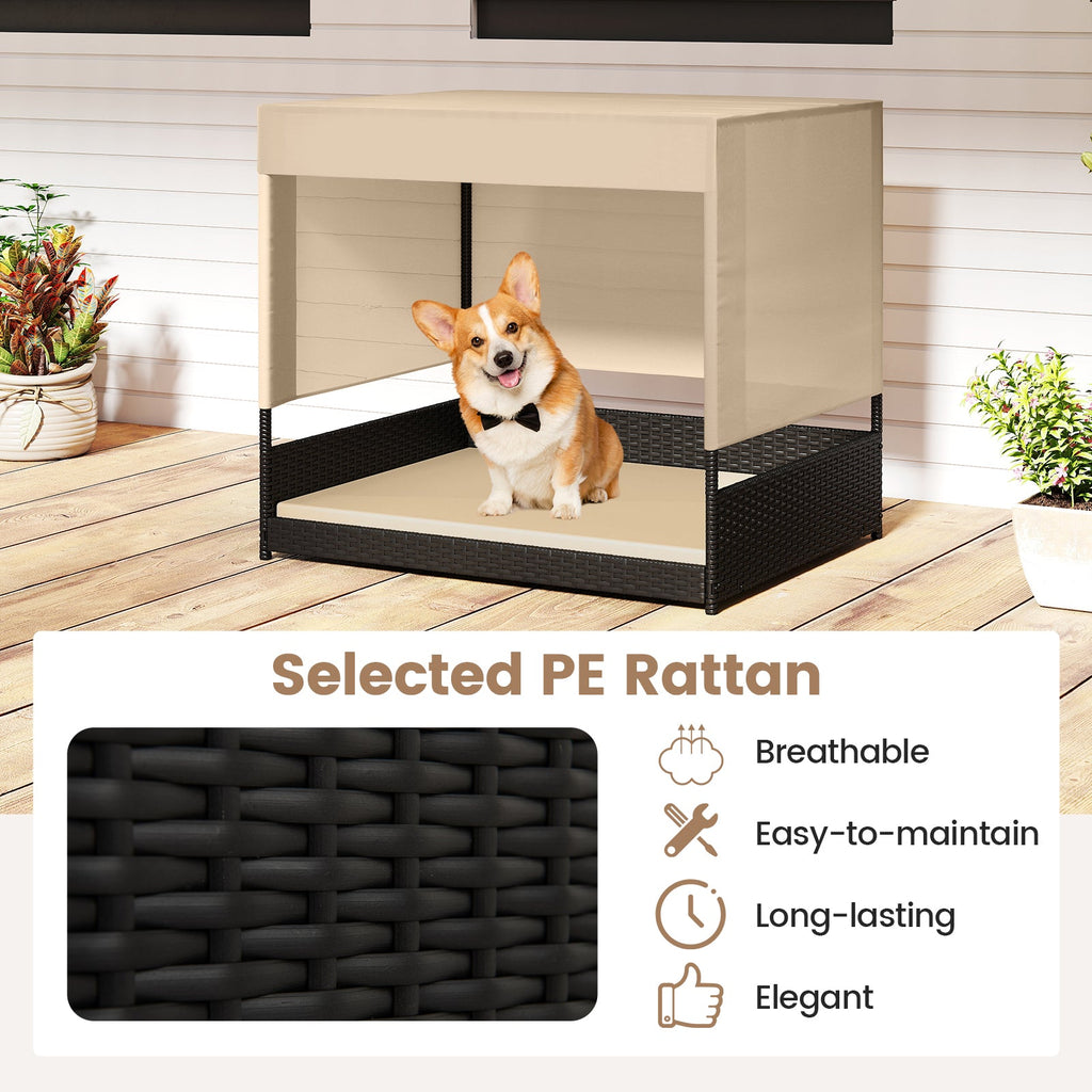 Elevated PE Rattan Dog House with Canopy and Washable Cushion – Black