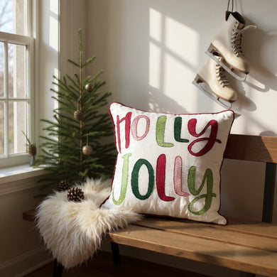 Holly Jolly Embroidered Christmas Pillow – Holiday Collection