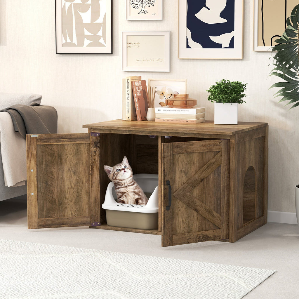 Flip-Top Hidden Cat Litter Box Enclosure with Double Barn Doors