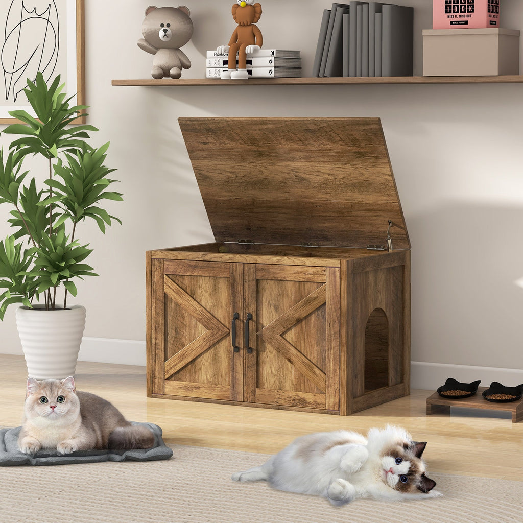 Flip-Top Hidden Cat Litter Box Enclosure with Double Barn Doors