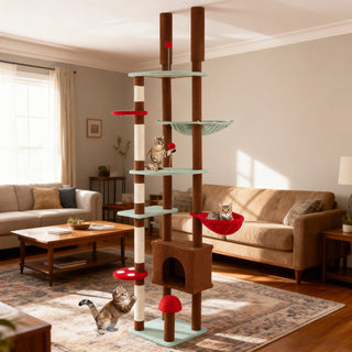 Floor-to-Ceiling Mushroom Cat Tree with Adjustable Height, Condo and Hammock – Brown