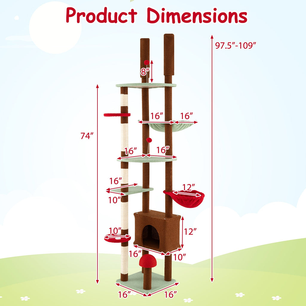 Floor-to-Ceiling Mushroom Cat Tree with Adjustable Height, Condo and Hammock – Brown