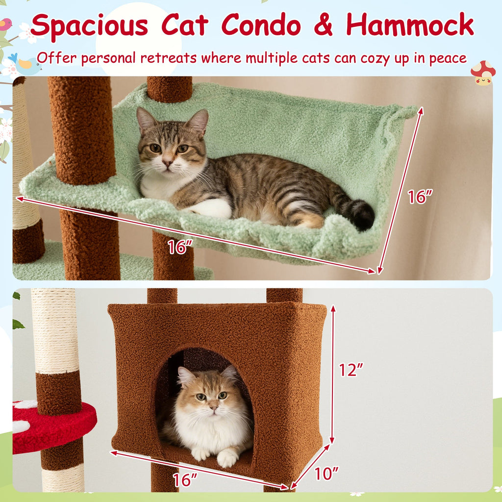 Floor-to-Ceiling Mushroom Cat Tree with Adjustable Height, Condo and Hammock – Brown