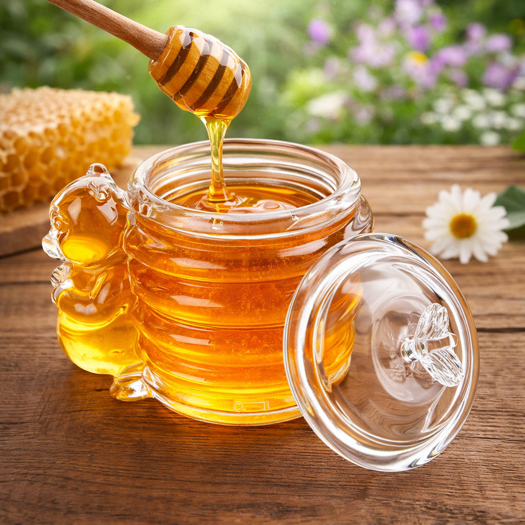 Vintage Glass Honey Jar with Bear Detail & Lid