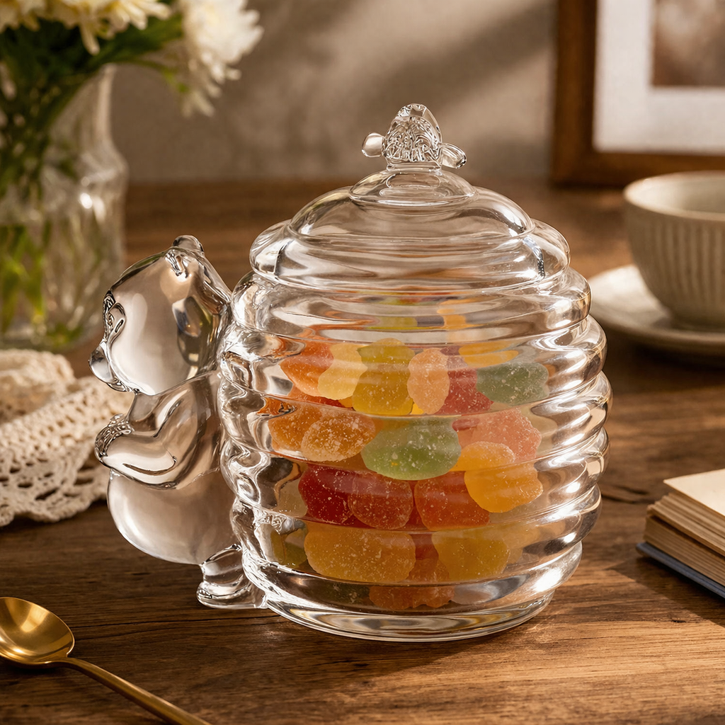 Vintage Glass Honey Jar with Bear Detail & Lid