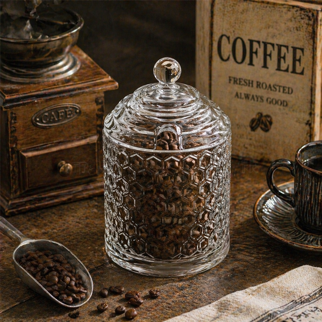 Vintage Honeycomb Glass Storage Jar with Lid
