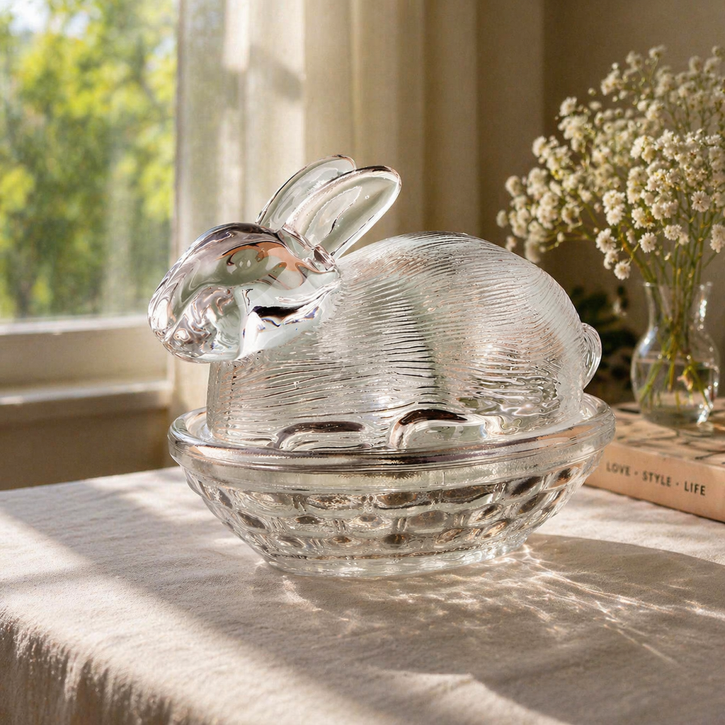 Vintage Bunny-Shaped Glass Candy and Trinket Dish